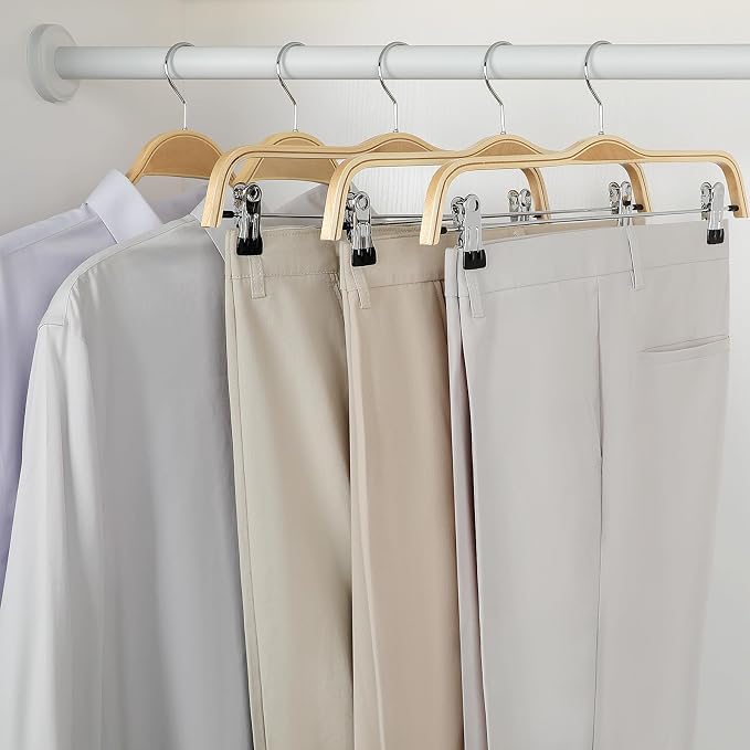 TOPIA HANGER Wooden Pants Hangers,Slim Natural Wood Skirt Hangers with Anti-Rust Hook and Adjustable Metal Clips, Perfect for Skirts, Pants, Slacks-20 Pack-CT17N20 - Image 4