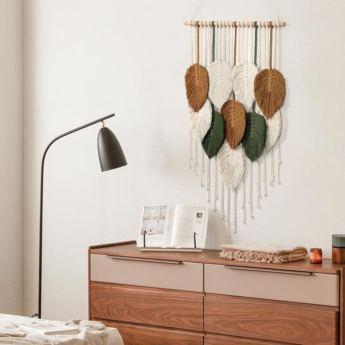 Macrame Wall Hanging Leaves Woven Tapestry Boho Chic Modern Home Decoration | KHOYIME Bohemian Handmade Leaf Feather Wall Art Decor for Apartment Dorm Living Room Bedroom Nursery Backdrop 16.5"W x 29.5"L - Image 5