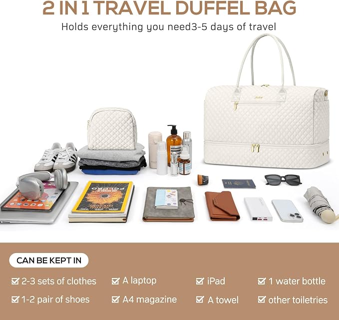 Travel Overnight Bag Weekender Bags - Duffle Bag Women with Shoe Compartment Carry On Overnight Bag with Toiletry Bag Duffel Bags with Wet Pocket for Gym Hospital Bags for Labor and Delivery Beige - Image 4