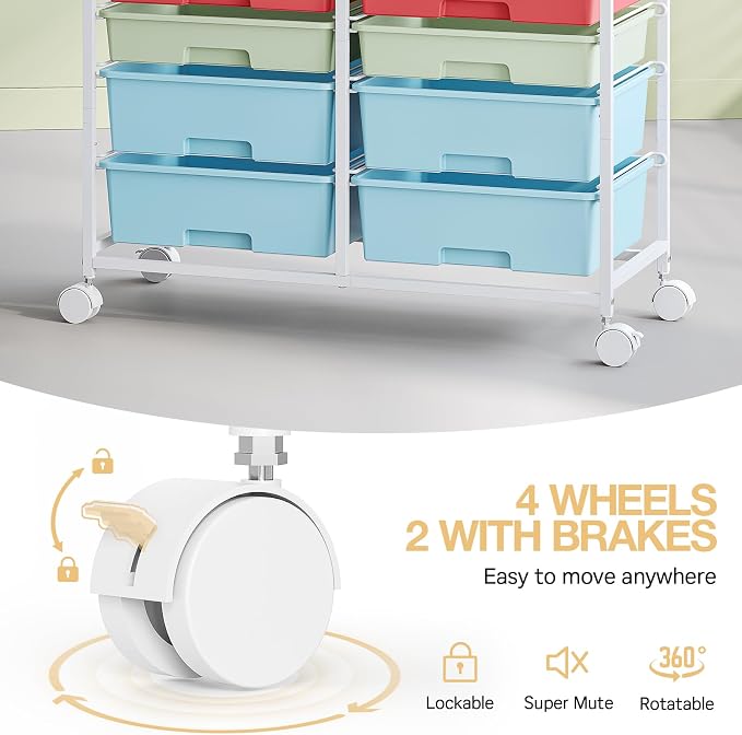 TOOLF 12 Drawers Rolling Storage Cart with Wooden Top for Classroom,Rainbow | Teacher Cart Craft Art Supply Organizer, Utility Cart with Lockable Wheels for Home Household Essentials, Office Organization - Image 4
