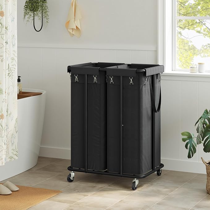 WOWLIVE Double Laundry Hamper with Wheels, 170L Rolling Laundry Basket | 2 Section Laundry Hamper, Laundry Cart with Steel Frame, Removable Bags, Large Dirty Clothes Hamper Dorm Room Storage, Black - Image 3