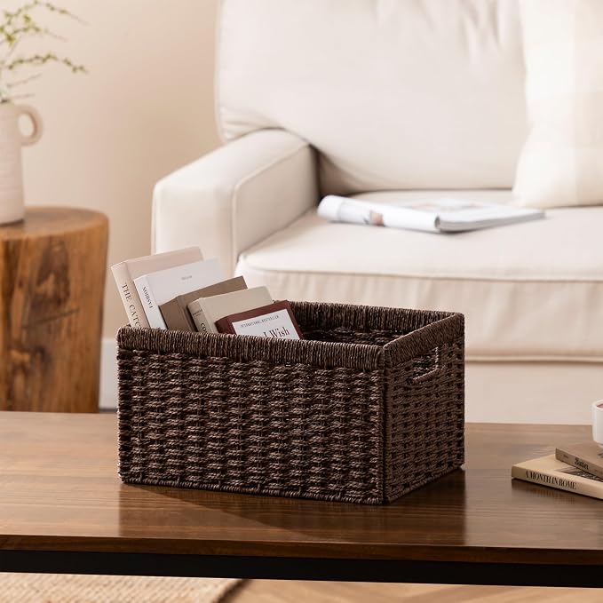joybest Dark Brown Wicker Baskets for Shelves, Hand-woven Storage Baskets | 13.4L x 8.3W x 7.1H inch for Pantry, Kichen Organizing, Foldable Rectangular Bin with Handles, 4-pack - Image 5