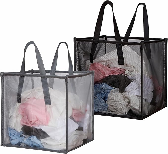 2 Pack Mesh Pop Up Laundry Basket with Handles 32L Portable and Foldable Laundry Hamper Washing Baskets for Tidy Storage Clothes Toys (1 Pack Grey+1 Pack Black) by BOSNONA