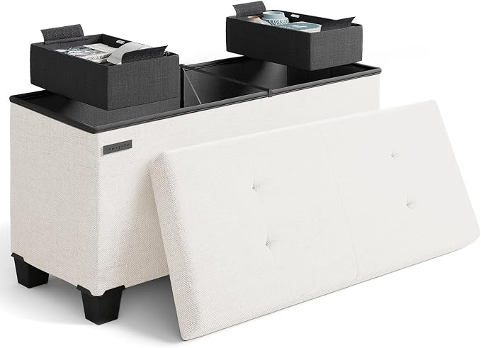 Storage Ottoman Bench with Bins, 30-in Storage Bench for Bedroom End of Bed, Folding Foot Rest Ottoman for Living Room Max 660lbs, Fabric Ottomans, Beige by STORAGEBUD
