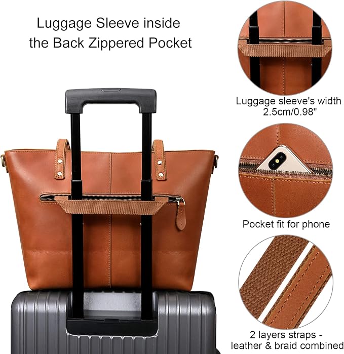 S-ZONE Women Vintage Genuine Leather Tote Bag Large Shoulder Purse Work | 14" Padded Laptop Compartment, Detachable Long Strap, Luggage Strap, Multi Pockets, Travel Everyday - Image 5