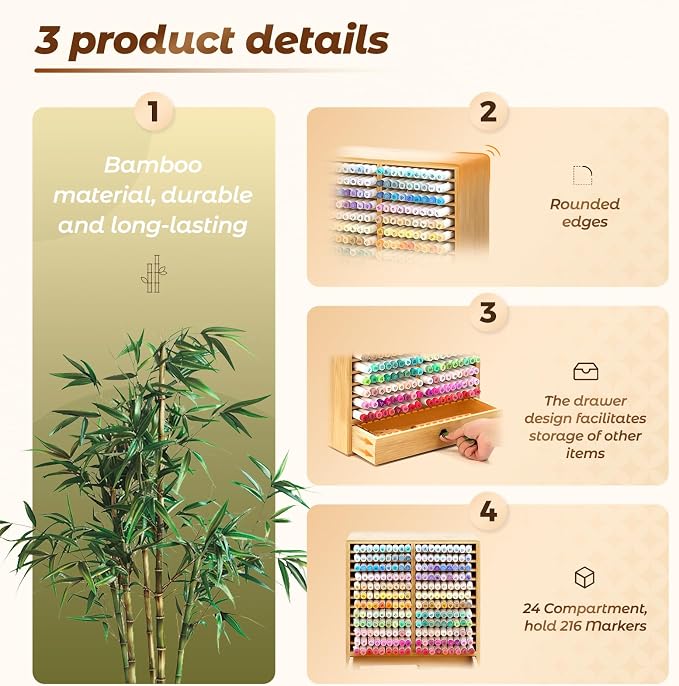 Marker Organizer, 24 Slots Wooden Storage for Up to 216 Markers with Drawer | Art Supply Alcohol Pen Storage Desktop Bamboo Marker Holder,Keeping Color Visible,Easy to Reach in Home Office and Classroom. - Image 5