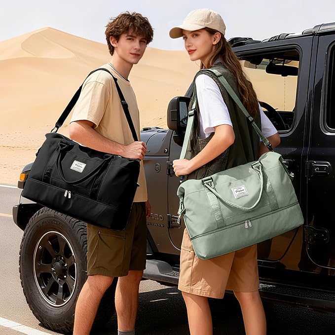 Travel Duffel Weekender Bag Women Tote Carry On Bags With Shoe Compartment | 18x14x8 inches Travel Overnight Bags with Trolley Sleeve for Airplanes Sport Tote Gym for Men Lightweight Daypack-BeigeGreen - Image 7