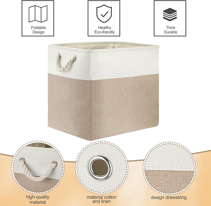 meekoo 8 Pack Collapsible Storage Bins Fabric Storage Bins Polyester Fabric Baskets with Handles Linen Closet Organizer for Shelf Home Closet Towels Toys(17 x 12 x 15 in,Beige) - Image 4
