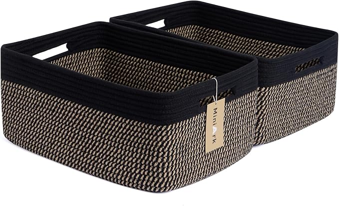 MiniArk Large Storage Baskets for Shelves, 17 x 13 x 7.5” Closet Organizers Bins for Clothes Blanket Towels, Baby Nursery, Toy Baskets Box, Woven Rope Baskets, 2 Packs Woven Brown by MiniArkStorageBasketsHome
