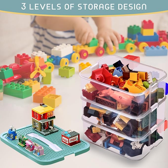 Plastic Storage Organizer for Lego Box Kids Child Toy Stackable Containers with Lids Bins 3 Layers Adjustable Compartments Building Blocks Chest Case - Image 2