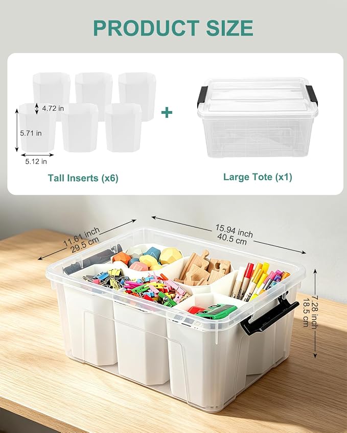 EOENVIVS Clear Storage Bins with 6 Tall Inserts, Stackable craft organizers and storage Box, Plastic Storage Totes with Lids and Handles for Crafts, Jewelry & Sewing, Art Supplies, Markers, Pens - Image 2