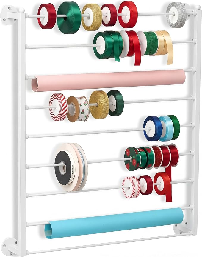 Menkxi 9 Tier Wall Mounted Ribbon Organizer Metal Ribbon Holder,White | Wrapping Paper Storage for Sewing Craft Mesh Thread Tape Wreath Crochet Craft Room Flower Shop, Thanksgiving, Halloween Gift by Menkxi