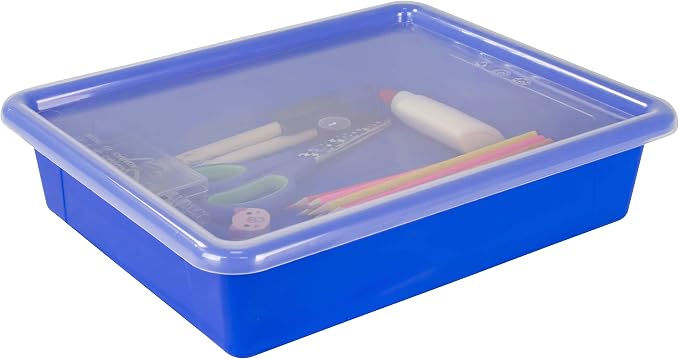 Storex Letter Size Flat Storage Tray – Organizer Bin with Non-Snap Lid for Classroom, Office and Home, Assorted Colors, 5-Pack (62534A05C) - Image 9