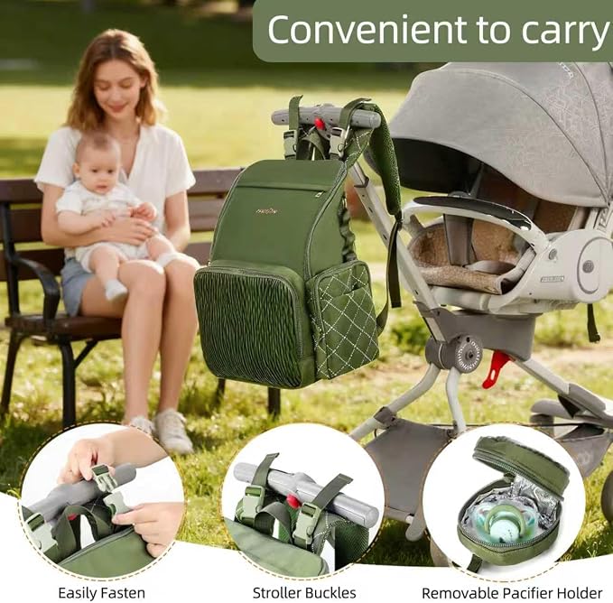 Stylish Baby Diaper Bag, Baby Bag with Changing Pad, Pacifier Case& Stroller Straps, Large Diaper Backpack Boy Girl, Water Resistant Travel Diaper Backpack（Green） - Image 6