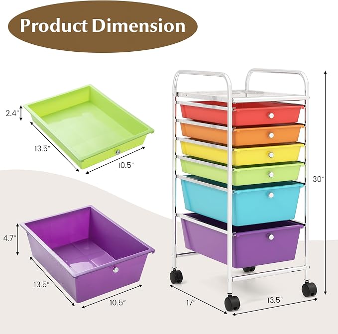 GOFLAME 6-Drawer Rolling Storage Cart, Multifunctional Art Craft Organizer Cart, Mobile Utility Storage Cart with Removable Drawers & Lockable Wheels, Craft Cart for Home Office, School, Multicolored - Image 3