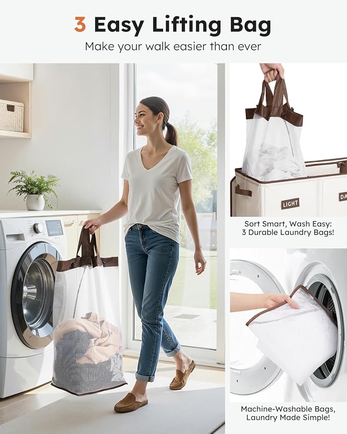 SOLEDI 200L 3-Section Laundry Hamper with Lid, Extra Large Dirty Clothes Basket with Sturdy Handles for Laundry Room & Bedroom - Durable Organizer for Sorting Laundry - Image 4