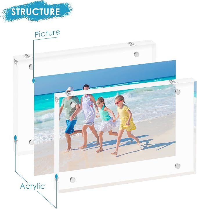 4x6 Acrylic Picture Frame Set of 3, 20mm Thick, Tabletop Display | Double-Sided Transparent Magnetic Frameless Photo Frame, for Photos, Fits Home, Office - Image 4