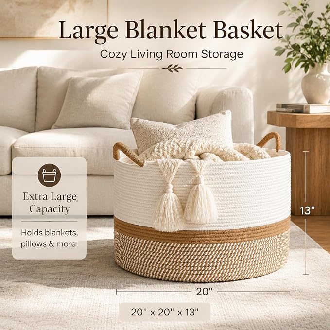 KAKAMAY Large Blanket Basket with Handles, Storage Basket for Living Room | Extra Large Capacity | Blanket Storage | Laundry Basket | Natural Cotton Rope | Stuffed Animal Storage | Woven Storage Basket - Image 2