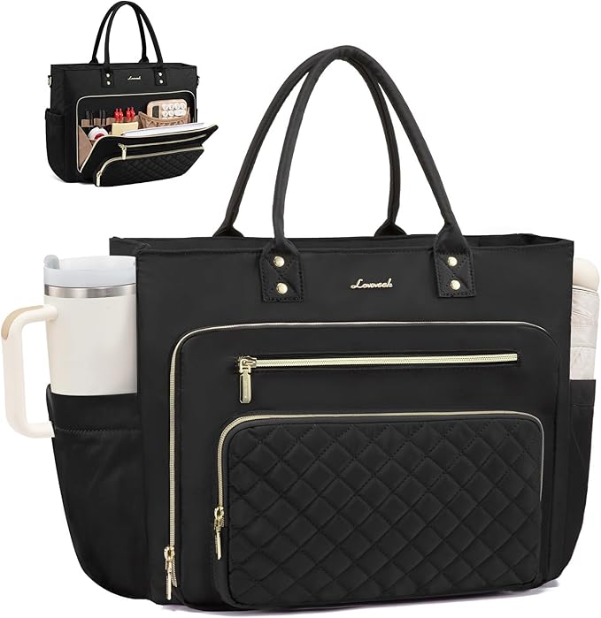LOVEVOOK Teacher Tote Bag for Women Work, Laptop Bag Work Tote Bag Nurse Bags With Large Cup Holder, Professional Computer Briefcase Business Large Purses Handbag, Diaper Bag Mother Gift, Black by LOVEVOOK