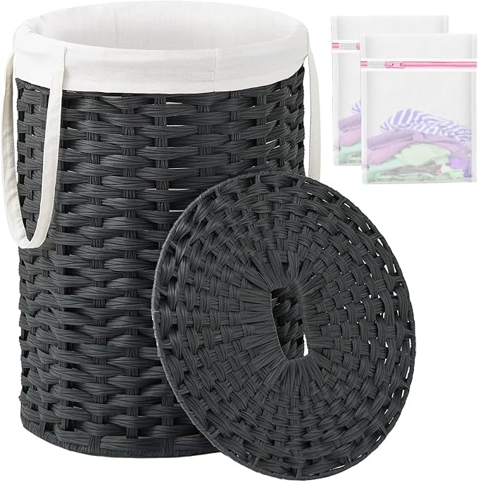 SETVSON Laundry Hamper with Lid, Round PE Rattan Basket, Black | 72L Compact Clothes Organizer with Lid, Removable Inner Bag with Handles, 2 Mesh Wash Bags, Space-Saving Storage Hamper by SETVSON
