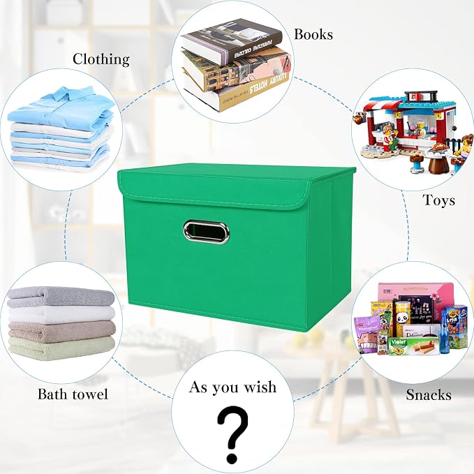 STOREONE Fabric Storage Cube Bins Foldable Organizer Container Collapsible Basket with Lids and Metal Handles, for Home, Bedroom, Closet 3 Pcs (Green) - Image 3