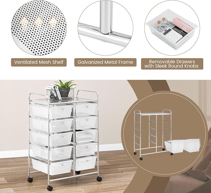 RELAX4LIFE Rolling Storage Cart with 10 Drawers - Craft Storage Cart with Lockable Wheels,Utility Cart, Art Cart Organizer for Crafting Storage, Studio, Office, Home, School Rolling Drawer Cart - Image 5