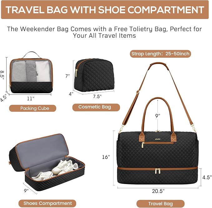 Travel Weekender Bags for Women: Overnight Bags with Shoe Compartment 3Pcs | Carry On Bag with Crossbody and Toiletry Bag, with Wet Dry Pocket For Hospital Overnight Airplane Approved Duffle Beige Brown - Image 3