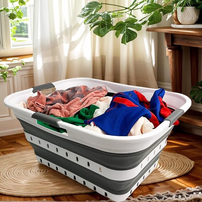 SAMMART 42L (11 gallon) Collapsible Plastic Laundry Basket - Foldable Pop Up Storage Container/Organizer - Space Saving Hamper/Basket (1, White/Steel Gray) - Image 2