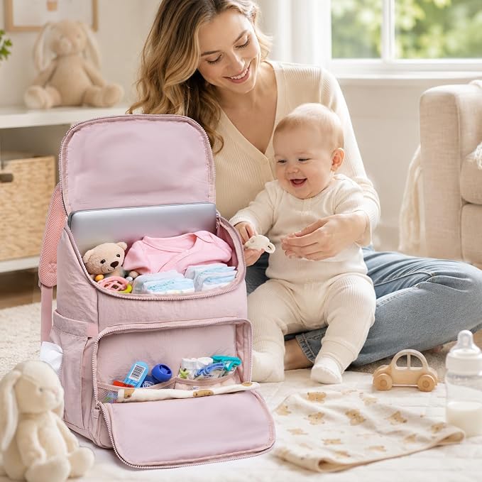 Puffy Diaper Bag Backpack for Mom, Lightweight Quilted Baby Bag with Waterproof Changing Pad, Large Travel Diaper Backpack with Insulated Bottle Pockets, Wipes Pocket, Stroller Straps - Image 2
