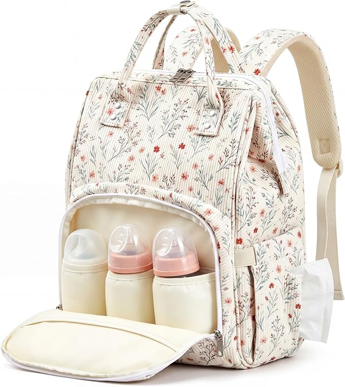Light White Corduroy Floral Diaper Bag Backpack for Mom Large Capacity Multifunction Travel Backpack for Women, Cute Diaper Bag by Unknown
