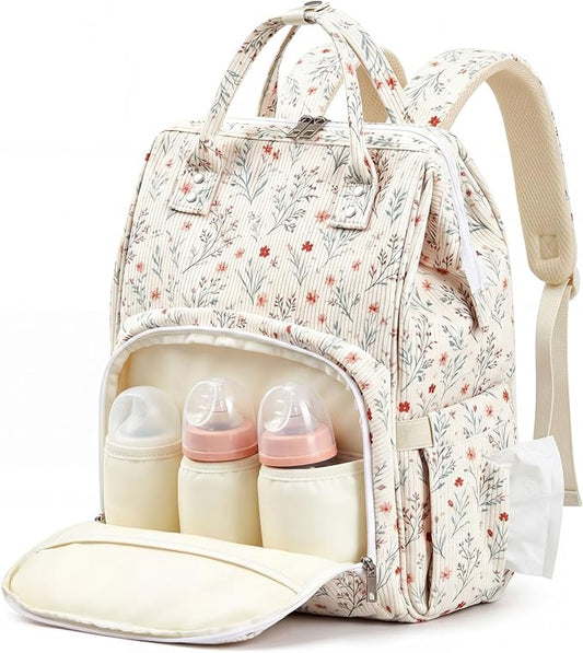 Light White Corduroy Floral Diaper Bag Backpack for Mom Large Capacity Multifunction Travel Backpack for Women, Cute Diaper Bag by Unknown