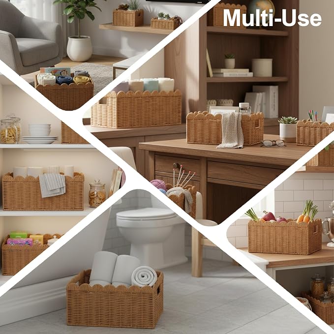 3 Pcs Scalloped Wicker Baskets, Hand-woven Storage Baskets with Built-in Handles, Paper Rope Shelf Baskets for Organizing and Decoration, Brown Basket - Image 6