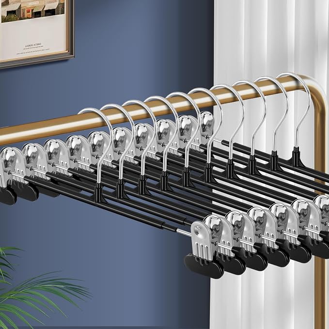 Clothes Pants Skirt Hangers with Wide Clips 14 Inch 20 Pack, Black | Non-Slip,Adjustable metal wide clips,Space-Saving,Heavy duty, for pants/skirt/dress/trousers/jeans/shorts/leggings, women by HWAJANClothesOrganizer