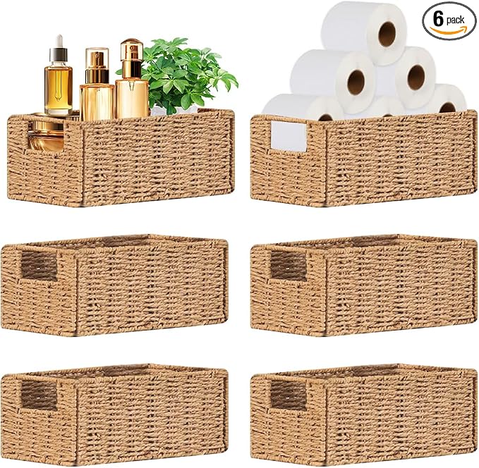 6 Pcs Small Wicker Baskets, Wicker Woven Storage Basket with Handle | Toilet Paper Baskets Towel Basket Foldable Cube Storage Organizer Bins for Shelves, Beige by Airsnigi