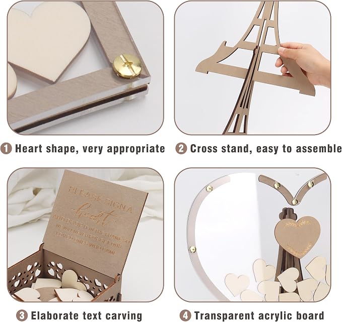 SELEAD Wedding Guest Book Alternative Drop Top Acrylic Sign Board, Heart | Rustic Wedding Reception Picture Frame with 80psc Wooden Hearts, Exquisite Box for Party Anniversary Birthday - Image 8