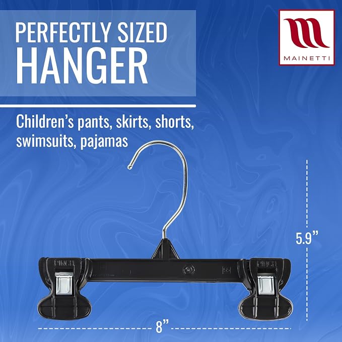 8in Black Plastic Children's Hangers with Rotating Hook (100 Pack) | Black Plastic Hangers for Kids' Pants, Skirts, Slacks & Bottoms, Rotating Metal Hook, Sturdy Plastic, Space-Saving Design - Image 3