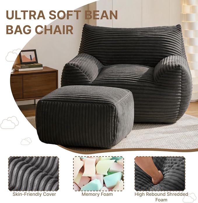 Oversized Bean Bag Chair with Ottoman, Bean Bag Couch with 2 Side Pockets, Corduroy Boneless Couch Chair in a Box, Comfy Lounge Chair for Living Room, Bedroom, Dorm, Gray - Image 6