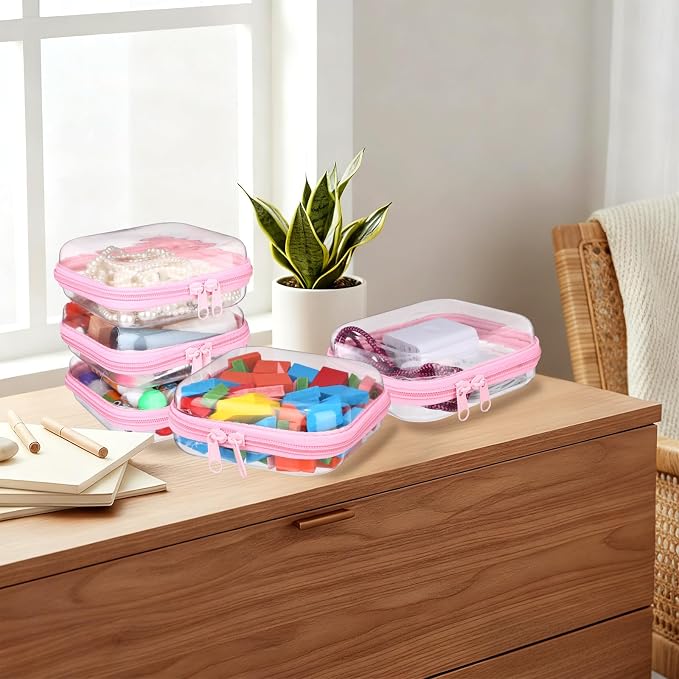 Sanwuta 6 Clear Hard Zipper Case,Pink,5 X 5 X 2 Inch | Pencil Case Pouches ,Makeup Bag,Plastic Toiletry Diaper Bag ,Travel Toy Storage,Waterproof Organizer Bins - Image 7