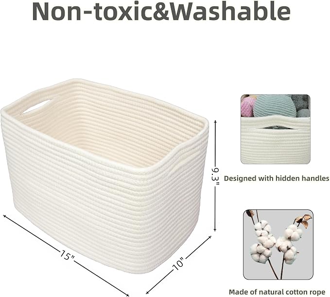 XUANGUO Woven Cotton Rope Storage Baskets 15x10x9.3" 3 Pack White | Decorative rectangular storage baskets for shelves and closets; storage bins organize clothes, toys, books and nursery items. - Image 2