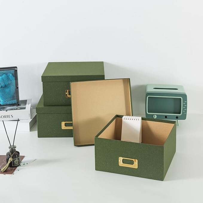 Soul & Lane - Green Decorative Memory Storage Boxes with Lids, Set of 3 | Square Stacking Kraft Photo Storage with Gold Label Holders, Large Nesting Cardboard Boxes for Office, Crafts and Paper - Image 7