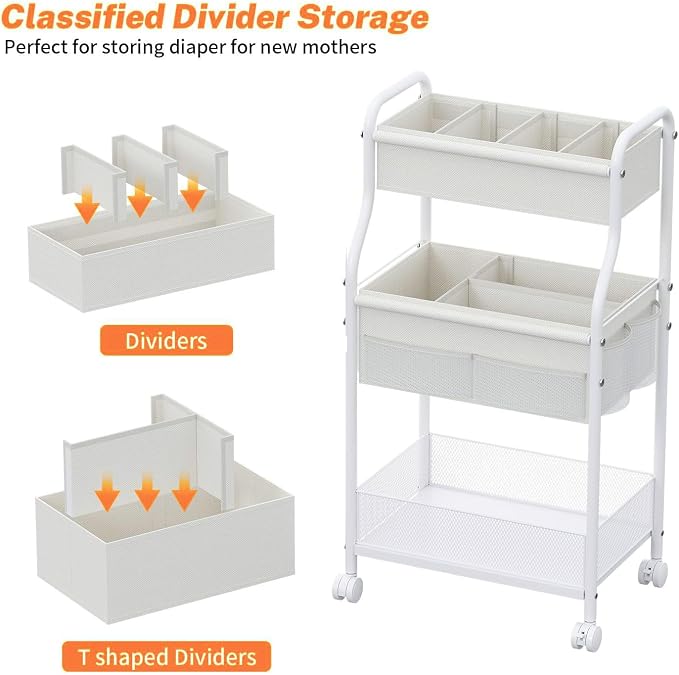3-Tier Diaper Caddy Organizer & Rolling Cart,Metal Utility Cart with 4+2 Dividers & Lockable Silent Casters, Mobile Storage Cart for Nursery Essentials, Multi-Purpose for Kidsroom Changing Table - Image 3