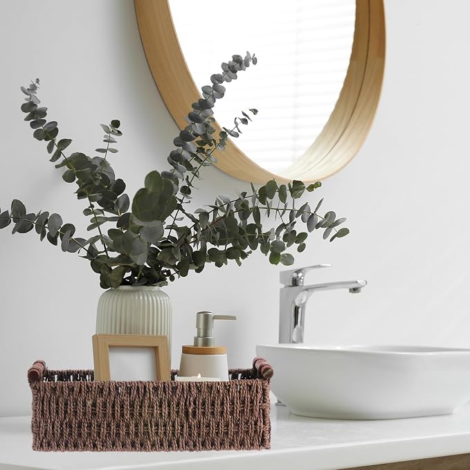 Boao 3 Pcs Boho Storage Wicker Baskets Handmade Woven Decorative Paper Rope Baskets for Organizing with Handle Countertop Toilet Paper Storage Container for Toilet Tank Top(Brown,Rectangle) - Image 4