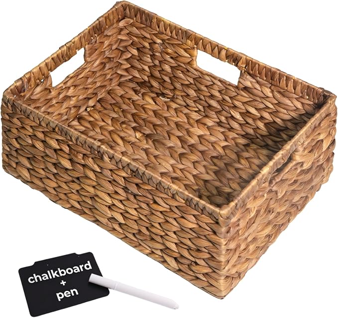 KOKODO Pack 1 COLORED Large Rectangular Water Hyacinth Wicker Storage Basket with Handles and Built-in Metal Frame with Chalkboard, Handwoven Perfect for Space-Saving Shelves and Room Organizing by KOKODOHOMEPROJECT