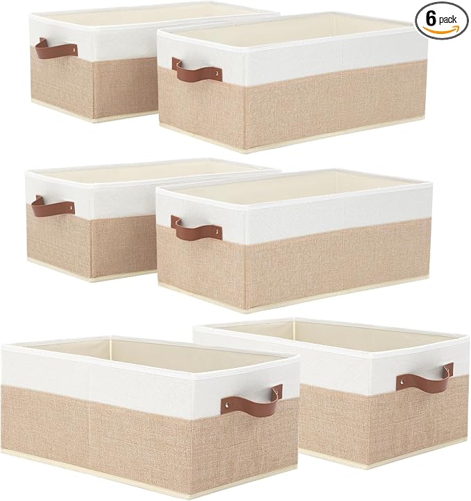 6 Pack Fabric Storage Bins, Large Storage Baskets for Shelves | Foldable Closet Organizer Storage Boxes with Leather Handles for Clothes, Sheets, Jeans, Toys, Books (Beige and White) by Unknown