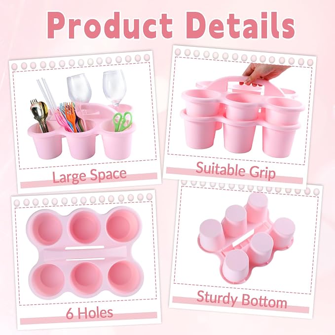 gisgfim 6 Pack Classroom Caddy Organizer with Handle, 6 Compartments, Pink | Stackable Plastic Table Caddies, 12x9x3.5 In, caddy Organizer for School Supplies, Crayons, Pencils, Crafts and Drink Cups - Image 3