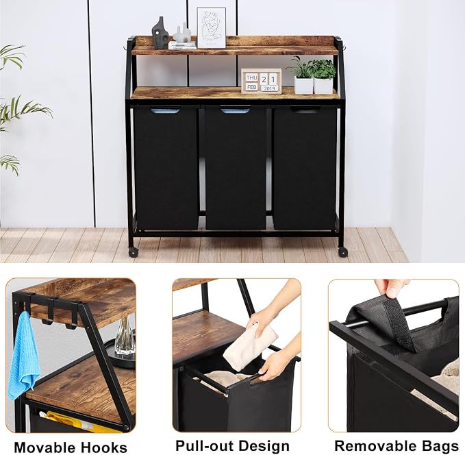 Laundry Hamper, Laundry Sorter 3 Section, Rolling Laundry Basket with Wheels, 2 Shelves, 3 × 14.5 Gal, Pull-Out and Removable Oxford Fabric Bags, for Laundry Room, Black and Rustic Brown - Image 5