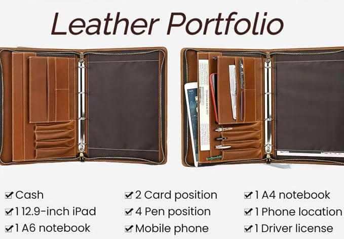 Zippered Padfolio Organizer, Leather Planner Binder, 12.9 Inch Portfolio Folder for Documents, Letter Size Business Card Tablet Document Holder for Men&Women, Brown - Image 5