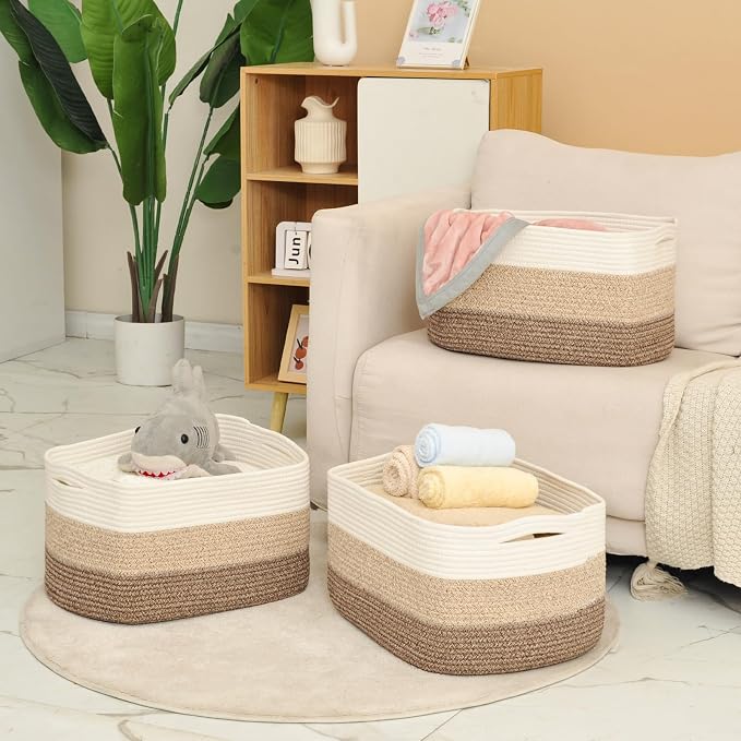 ICERZCZ Large Storage Baskets for Organizing Shelves, Woven Cotton Rope Bins for Baby Nursery Organization, Book Toy Towel Organizer, 17"x13"x9.5", 3 Packs, Gradient Brown - Image 6