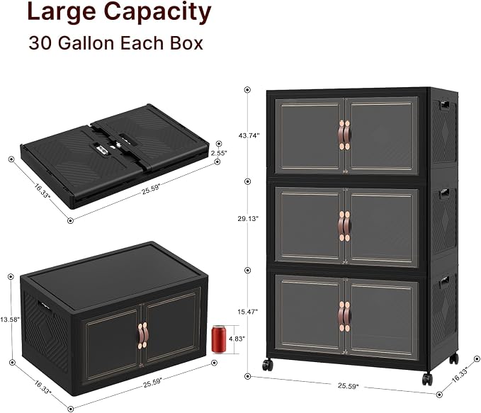 Stackable Storage Bins with Lids, 360QT Lockable Storage Cabinet | Folding Storage Box with Doors and Wheels, Collapsible Plastic Drawers for Home, Garage, Office - Image 5
