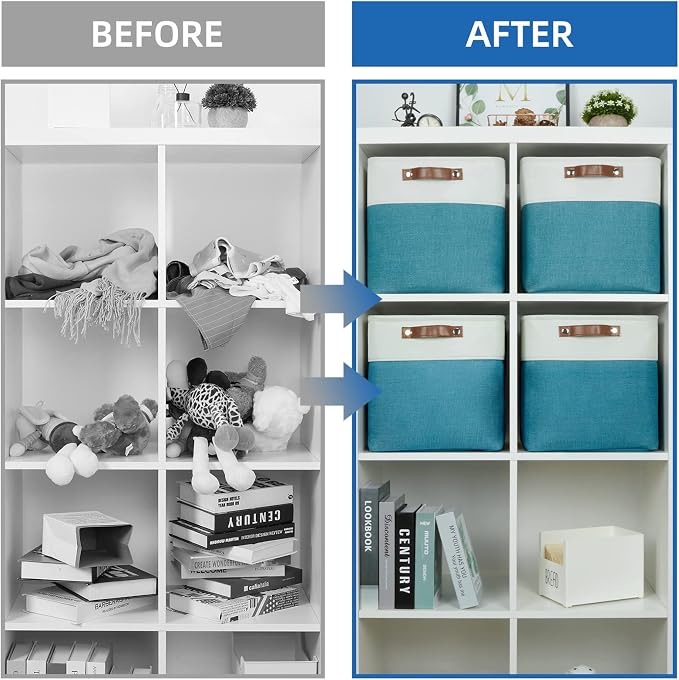 Temary Baskets Storage 12 Inch Fabric Storage Cubes Storage Baskets with Handle, Large Cube Storage Bins for Storage Books, Blankets, Clothes Baskets for Gift (White&Teal) - Image 6